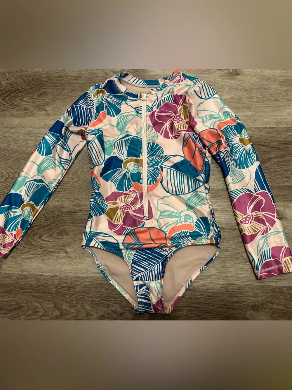 Tea Collection Girls Floral Rash Guard One Piece Swimsuit Sz 10 Long Sleeve
